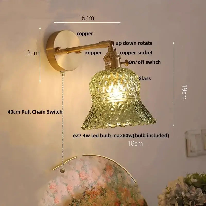 Amber flower crystal glass wall light fixture with copper finish and ornate green glass shade for bedroom use