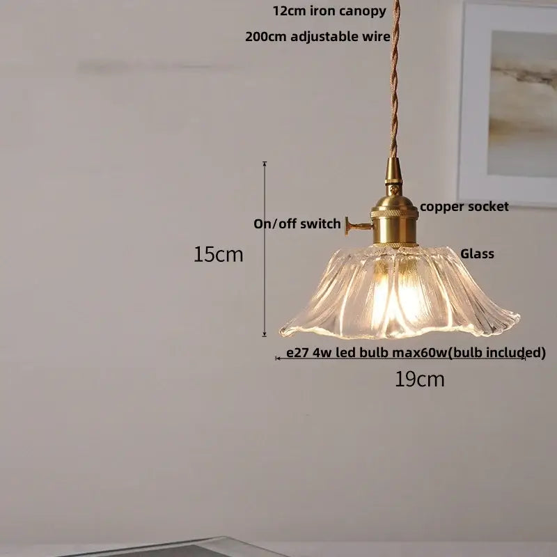 Amber flower glass pendant light with fluted glass shade brass finish copper socket and adjustable iron canopy for dining room