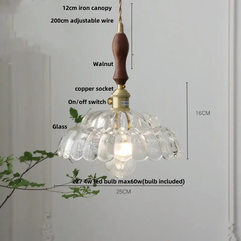 Amber flower glass pendant light with clear scalloped glass, walnut wooden handle, and brass finish for dining room pendant lights