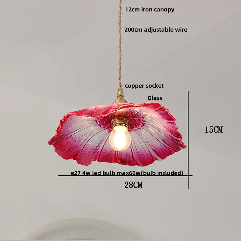 Amber flower glass pendant light featuring vibrant pink and purple glass with copper socket and adjustable wire