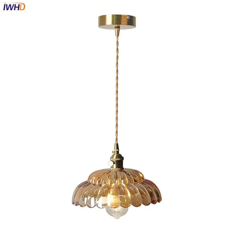 Amber flower glass pendant light with warm amber glass and brass finish pendant lights for dining room use