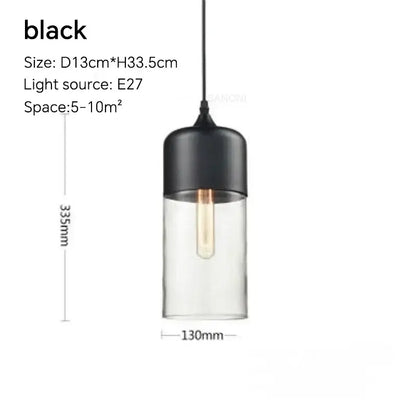 Black cylindrical pendant light fixture with clear glass body and exposed Edison bulb for dining room lighting