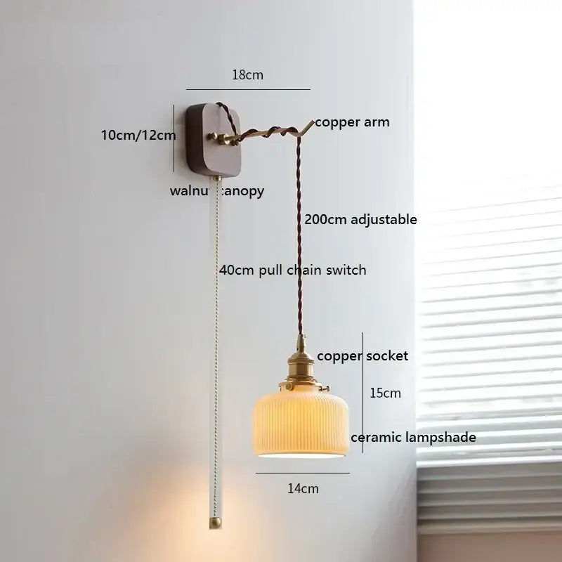 Copper and walnut wall lights with ribbed ceramic ball led shade for bedroom decorbites ceramic ball led design