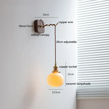 Warm-toned decorbites ceramic ball led wall lights with amber glass ceramic lampshade and brass copper socket for bedroom decor