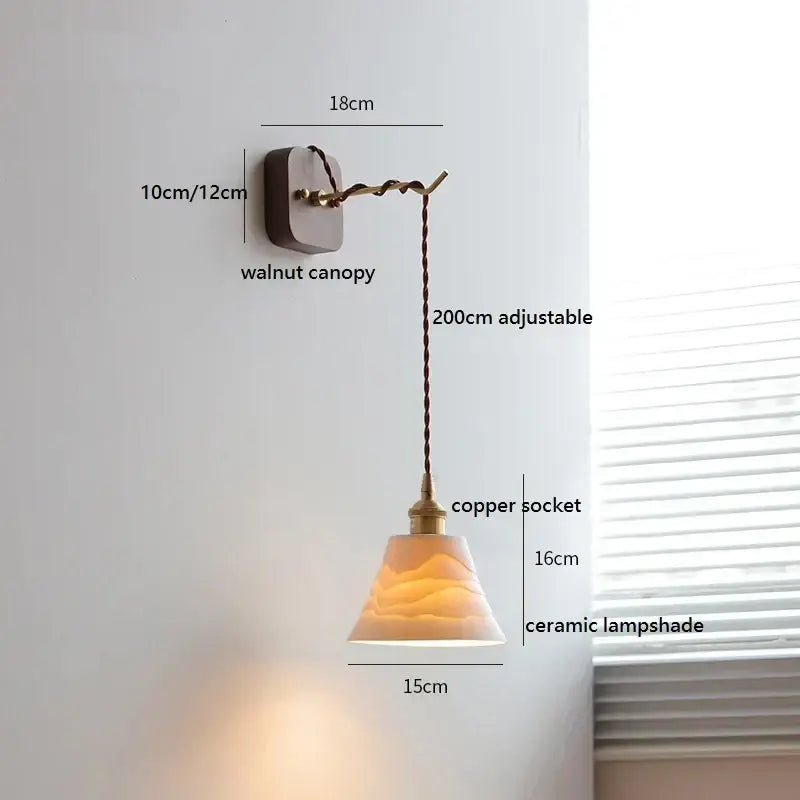 Amber glass ceramic ball led wall lights feature a warm-toned ceramic lampshade with pull chain on walnut canopy