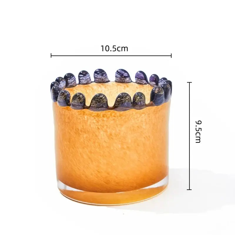 Amber glass cylinder vase with orange textured glass and decorative purple gold rim for living room decor