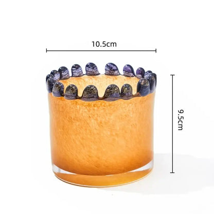 Amber glass cylinder vase with orange textured glass and decorative purple gold rim for living room decor