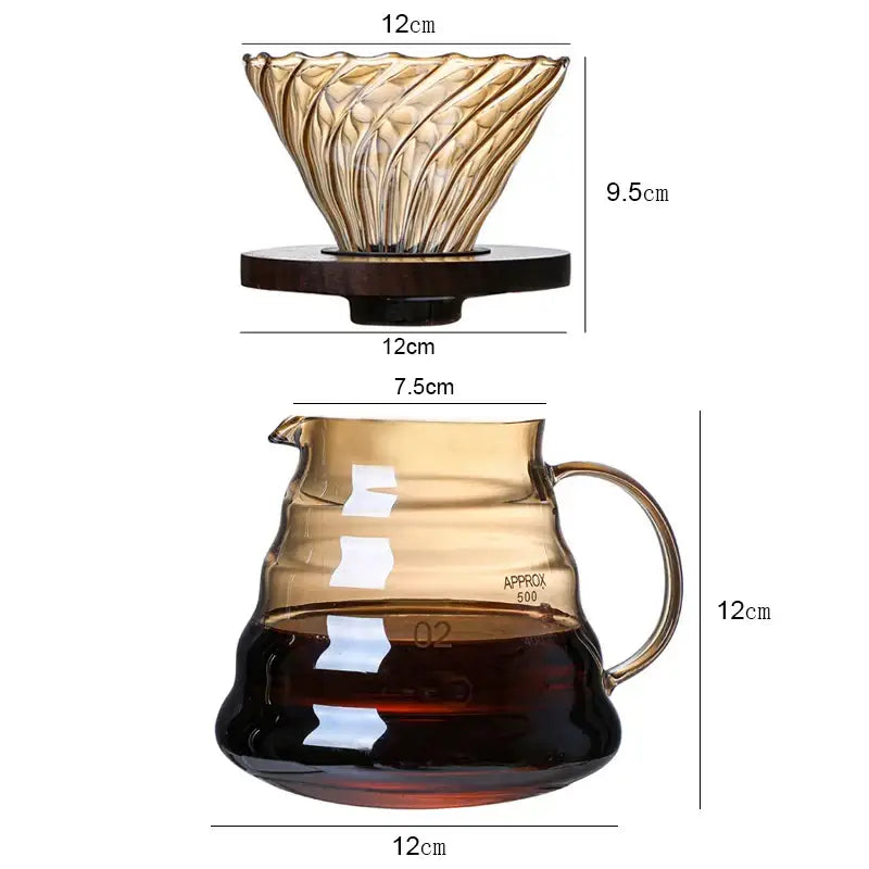 Amber-tinted glass coffee filter pot with fluted design and dark wooden base for pour over brewing in kitchen use