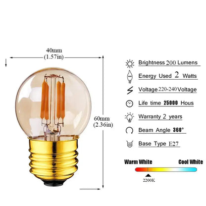 Amber glass g40 Edison LED bulb with clear globe, golden base, and three warm orange filaments by decorbites g40 Edison