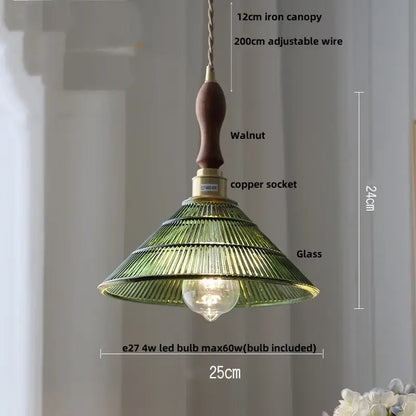 Green ribbed glass led pendant lamp with walnut iron canopy and copper socket for kitchen lighting
