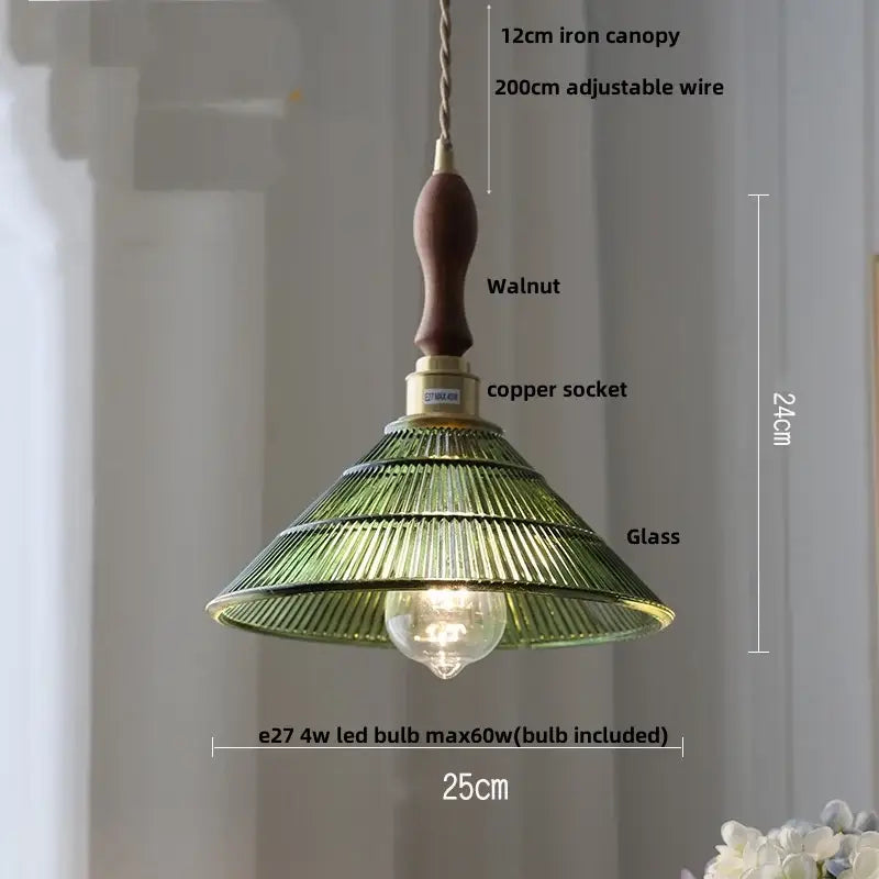 Green ribbed glass led pendant lamp with walnut iron canopy and copper socket for kitchen lighting