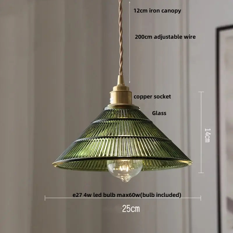 Amber glass led pendant lamp with green ribbed glass, brass copper socket, and iron canopy for kitchen lighting