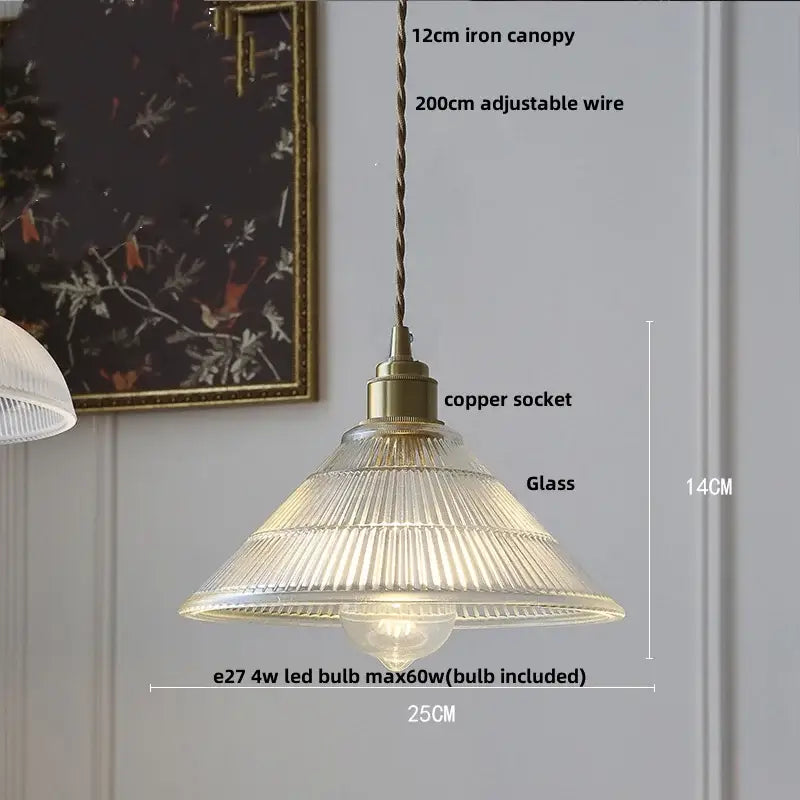 Vintage-style amber glass led pendant lamp with ribbed translucent shade and walnut copper kitchen light socket
