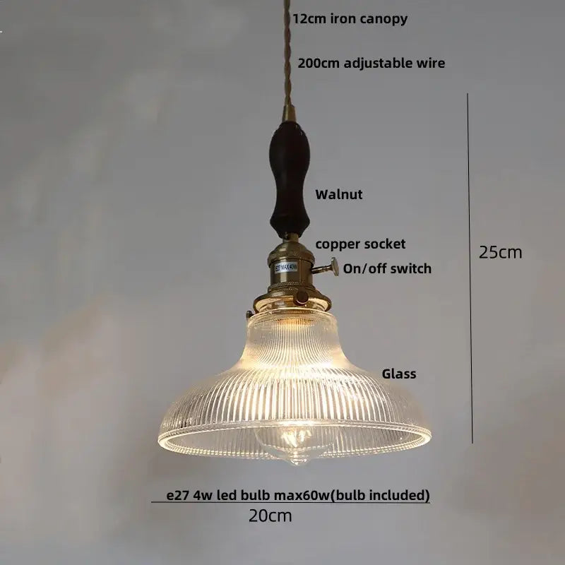 Vintage-style amber glass led pendant lamp with ribbed shade brass fittings and dark walnut wooden handle for kitchens