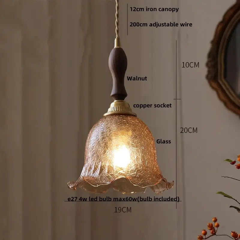 Amber glass led pendant lamp with warm fluted glass and dark walnut wood handle for kitchen lighting