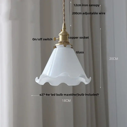 White glass pendant light with scalloped edge brass finished metal and adjustable copper socket featuring decorbites brass knob switch