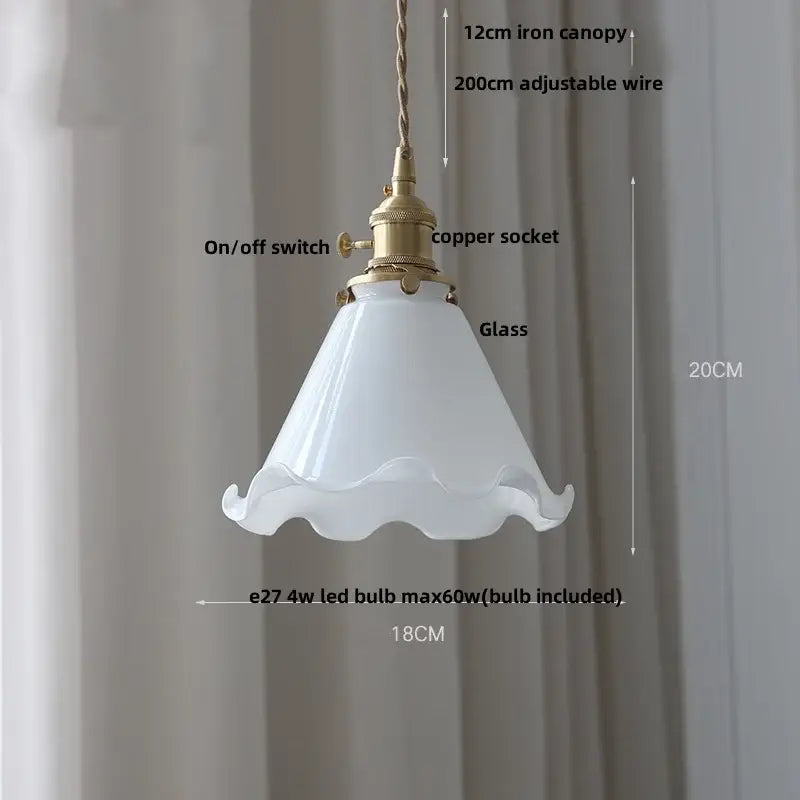 White glass pendant light with scalloped edge brass finished metal and adjustable copper socket featuring decorbites brass knob switch