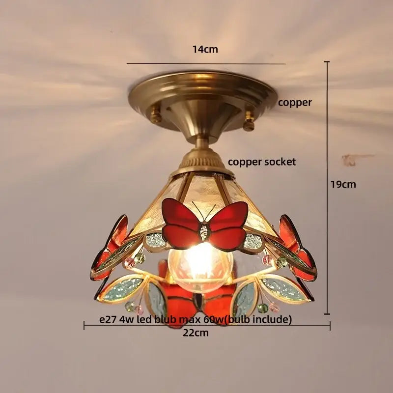 Amber glass wood copper led ceiling light with vibrant red butterfly and leaf motifs and copper led ceiling base