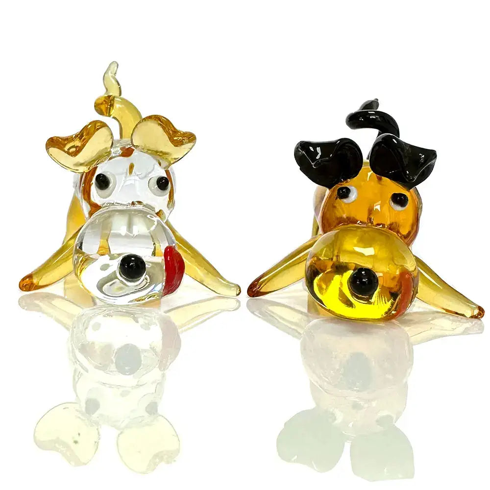 Two hand-blown glass crystal cartoon puppy figurines with amber gold and black antlers for puppy figurine table decor