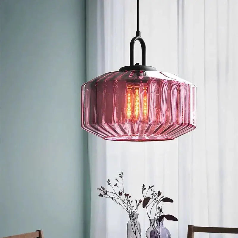 Pink faceted glass led pendant chandelier with black metal suspension for kitchen lighting fixture