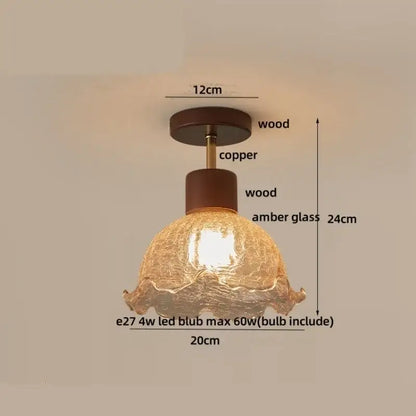 Warm amber ice crack glass ceiling light with wooden and copper fixture for bedroom decorbites amber ice style