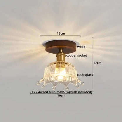 Amber leaf brass glass ceiling lamp with clear glass chandelier, copper socket, and wooden base for bedroom decorbites brass glass