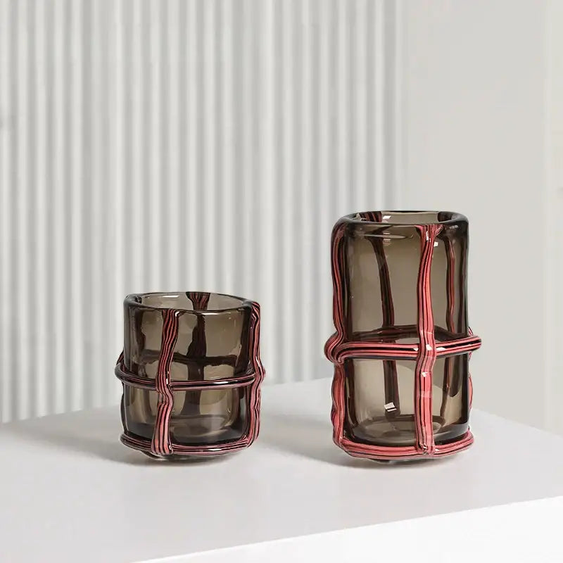 Two amber glass vases with intricate red woven wire designs for home decor and decorbites clear glass accents