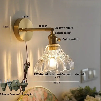 Copper-finished wall sconce with amber textured clear glass shade for bedroom decorbites clear glass pull chain light