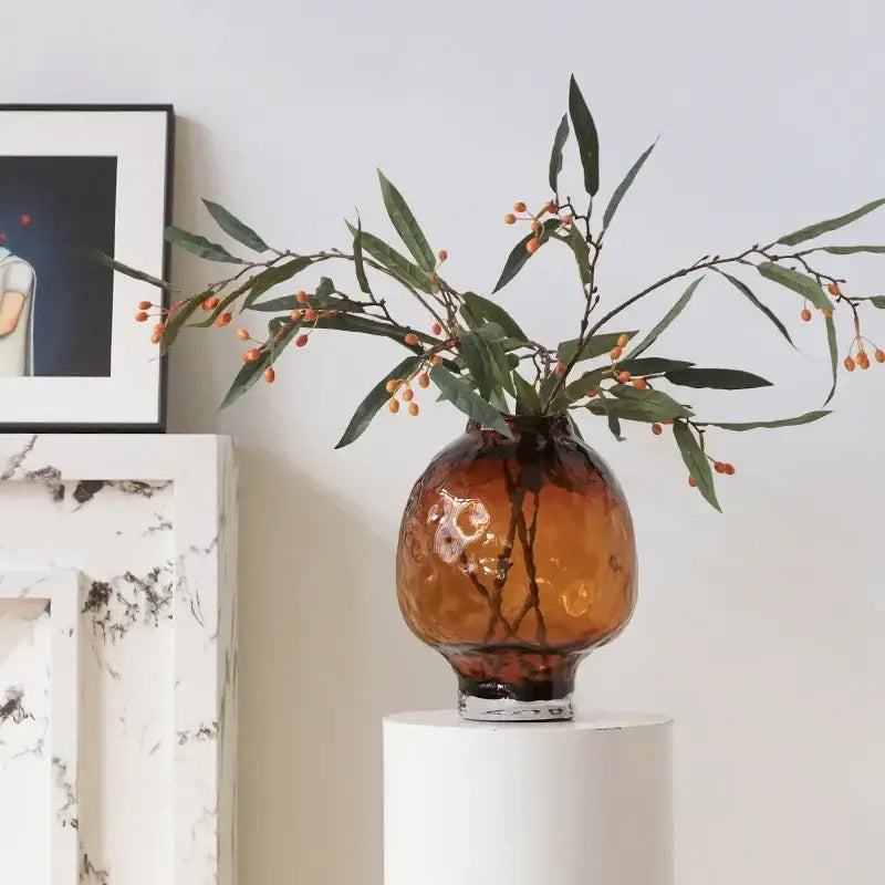 Amber textured decorbites gradient glass vase with hammered finish and silver-toned base for living room decor