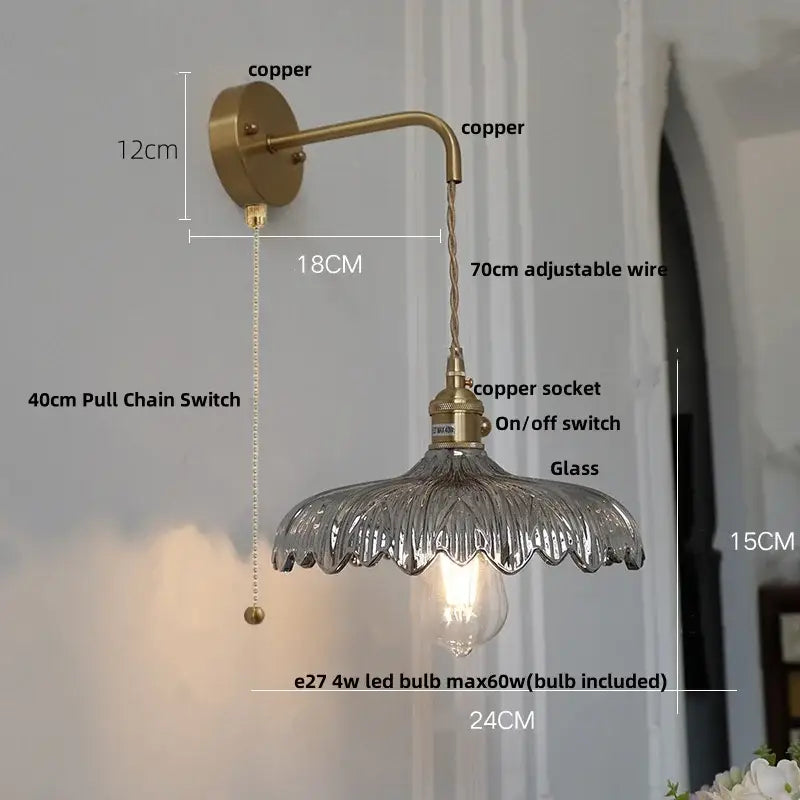 Antique brass-finished decorbites amber vintage led wall light with scalloped glass shade and adjustable copper wire arm
