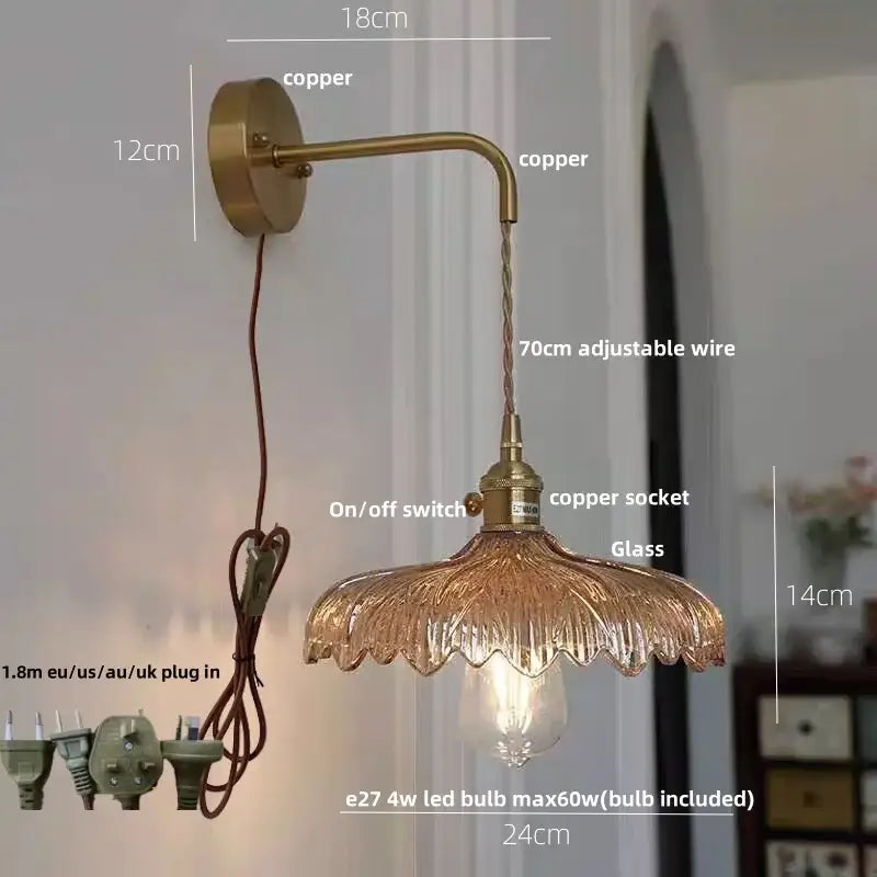 Antique brass-finished wall light with amber vintage led textured glass shade and brass pull chain for hallway decorbites amber vintage