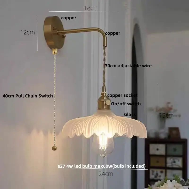Antique brass-finished amber vintage led wall light with frosted glass shade and adjustable copper wire by decorbites