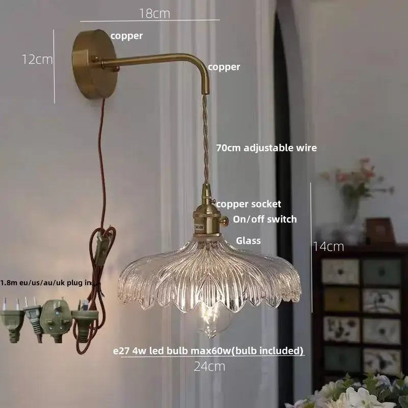 Antique brass-finished wall light with clear fluted glass shade and adjustable copper wire for decorbites amber vintage led use
