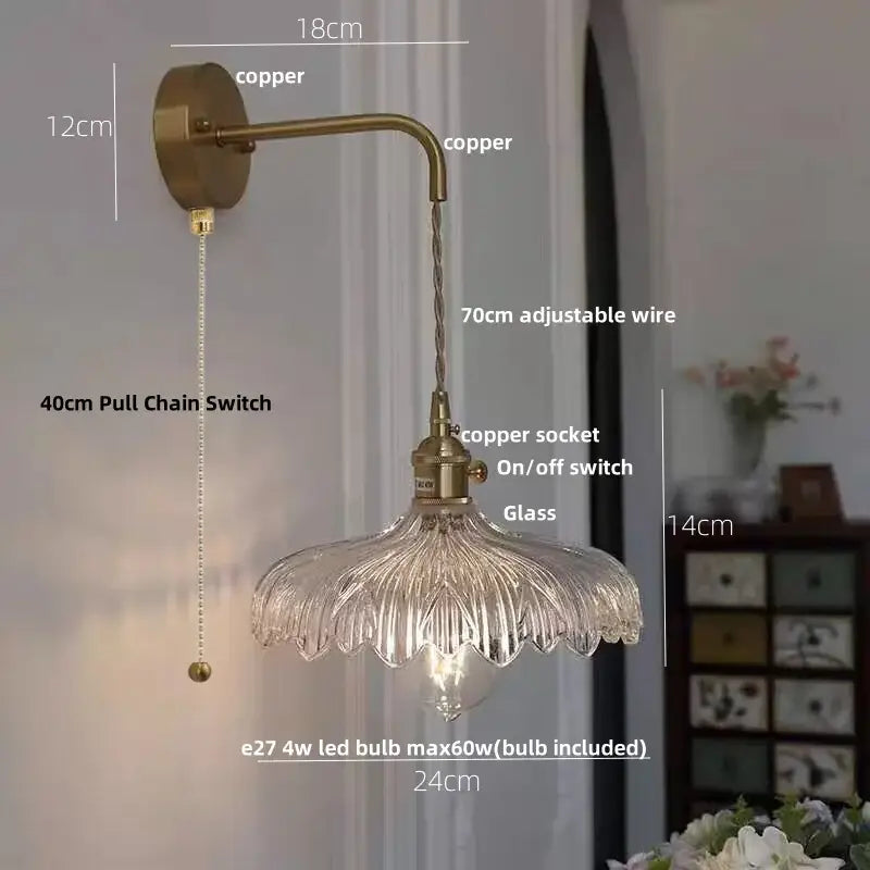Antique brass-finished wall light with clear fluted glass shade and adjustable copper wire decorbites amber vintage led model