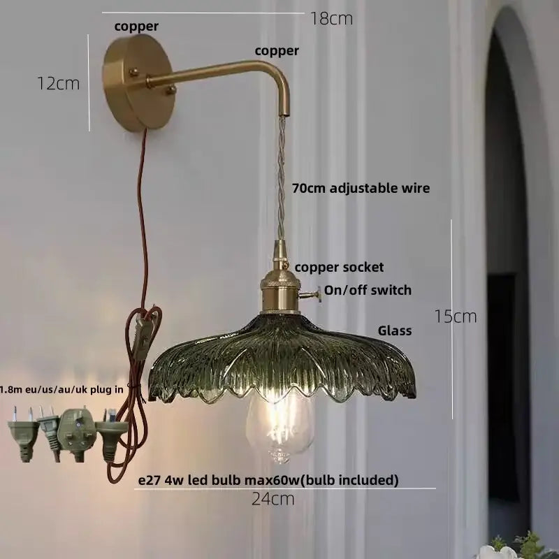 Amber vintage led wall light with a copper scalloped green glass shade and brass pull chain for decorbites amber vintage decor