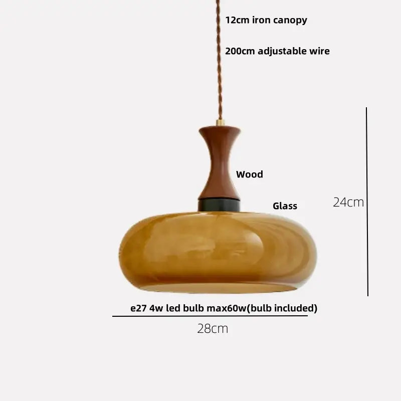 Warm amber led pendant light with wooden stem iron canopy and twisted copper cord for kitchen decorbites pendant light