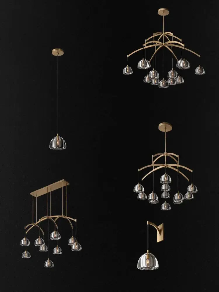 Gold-toned american copper crystal chandelier with clear glass globe shades on arched metal frame for living room decor