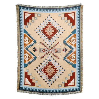 Beige woven american country plaid blanket sofa cover with red blue geometric tribal patterns and fringed edges