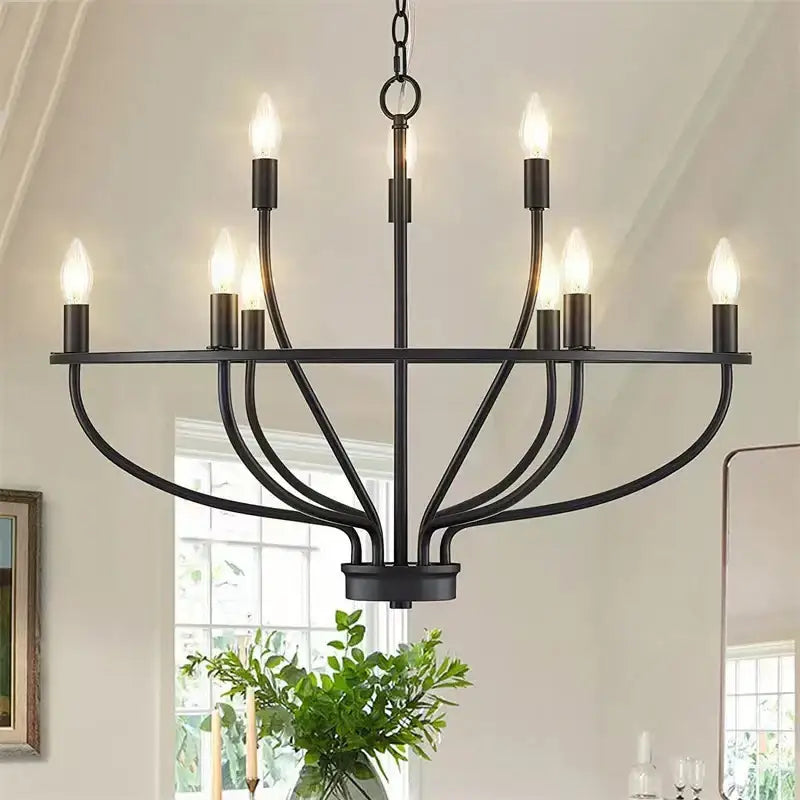 Black wrought iron art retro chandelier with six lit candle bulbs for dining room decorbites iron art lighting