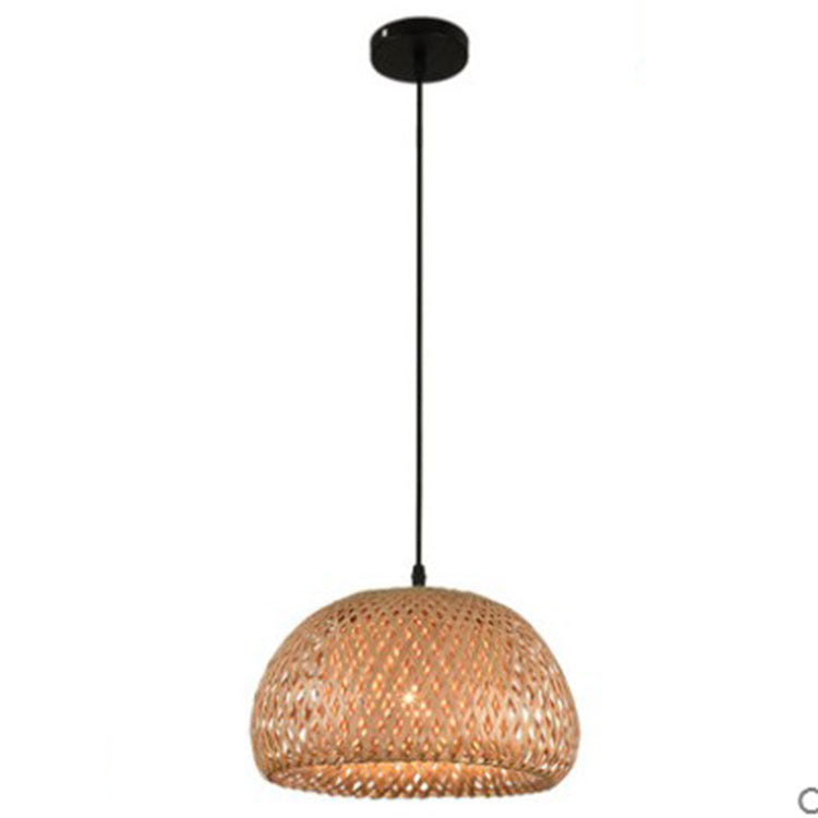 American garden bamboo woven chandelier pendant lamp with rattan dome and black metal hardware warm glow light
