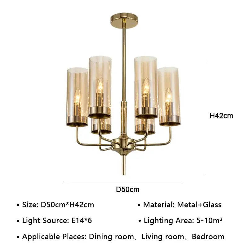 A modern brass-finished decorbites american lustre glass chandelier with five smoked glass shades for dining rooms