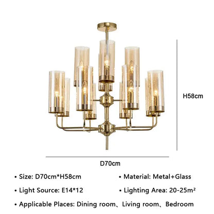 Brass-finished american lustre glass chandelier with twelve amber cylindrical shades for dining room decorbites pendant light