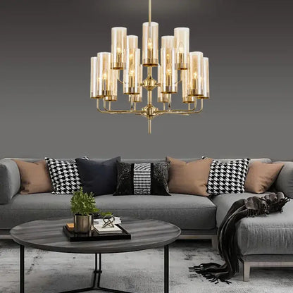 Gold-toned decorbites american lustre glass chandelier with multiple cylindrical shades for dining room pendant light