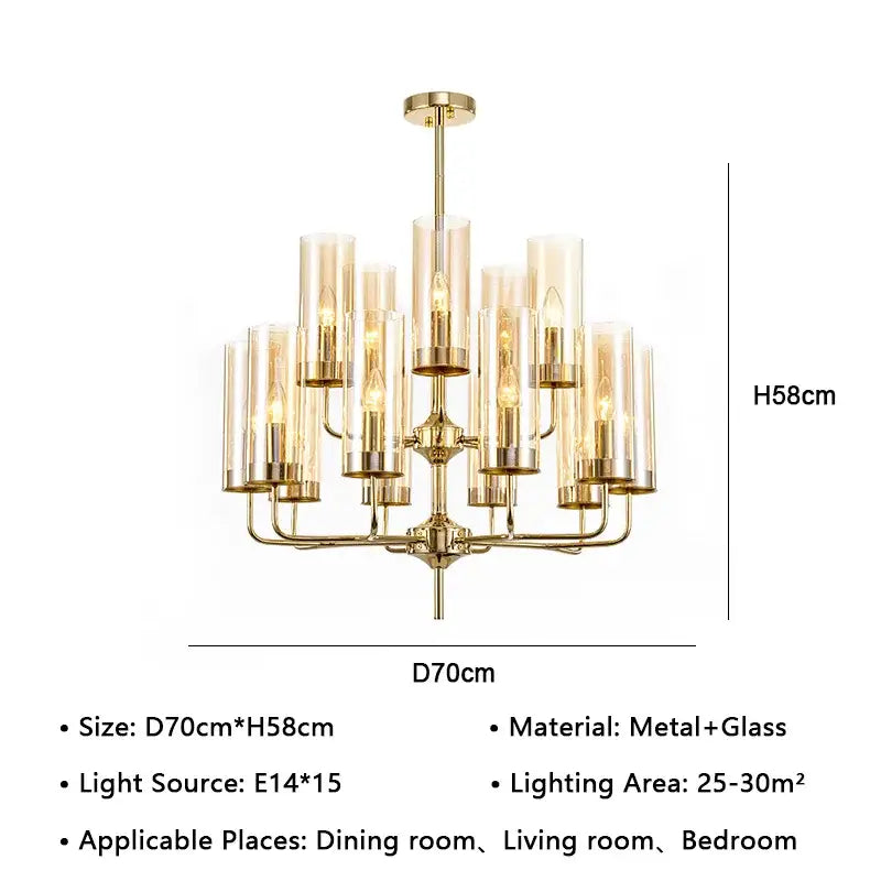 Gold-toned decorbites american lustre glass chandelier with multiple cylindrical shades for dining room pendant light