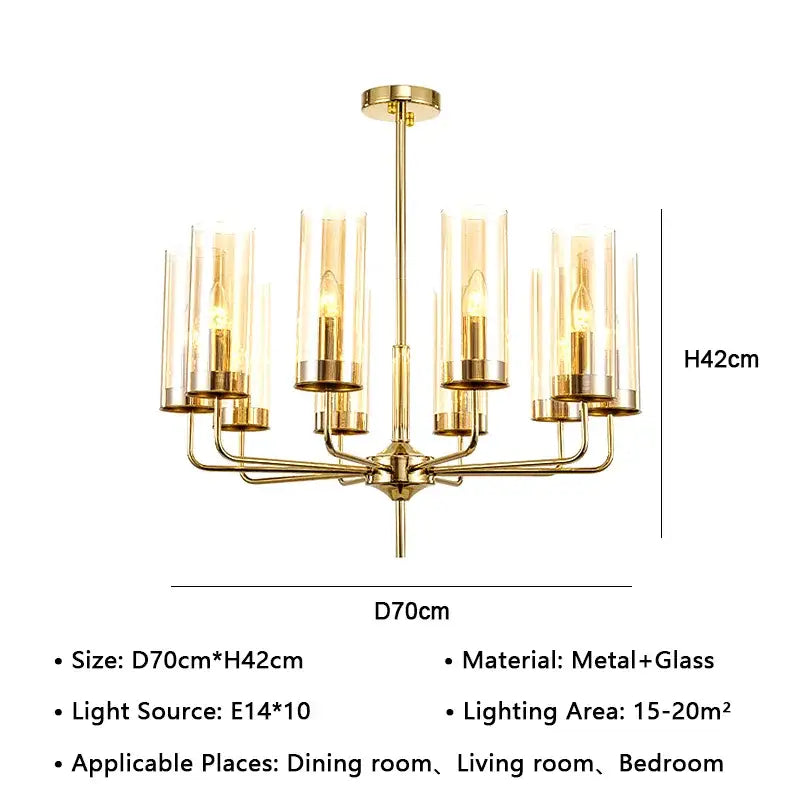 Gold-toned decorbites american lustre glass chandelier with slender metal arms and ten exposed bulbs for dining rooms