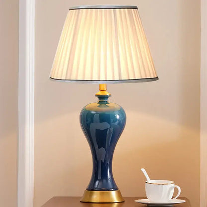 Blue american luxury ceramic table lamp with gold base and fluted cream shade for bedroom decorbites american luxury
