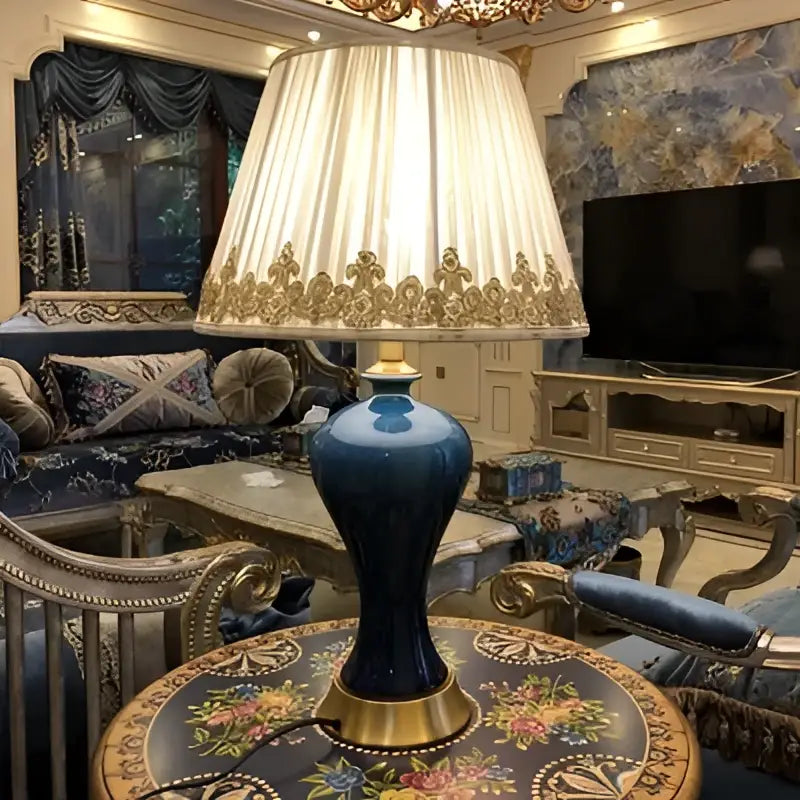 Deep blue american luxury ceramic table lamp with gold-trimmed pleated shade for bedroom decorbites american luxury