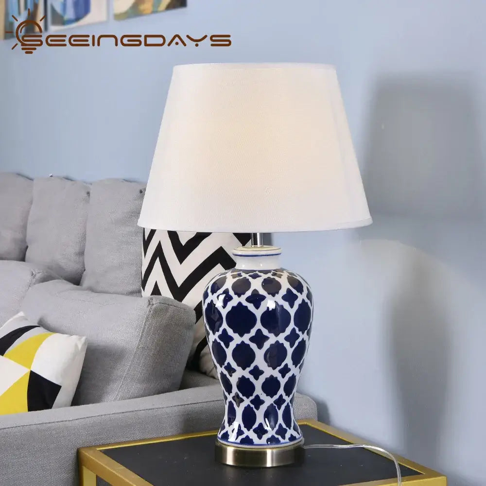 American retro blue ceramic table lamp with blue and white pattern and cream fabric shade for bedroom decorbites blue ceramic