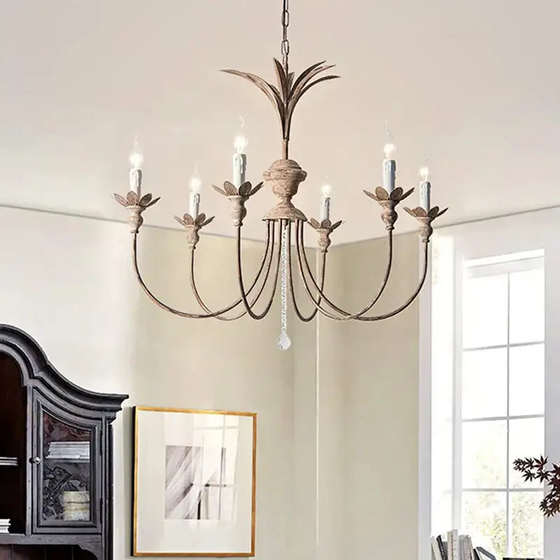 Antique brass american retro chandelier with six candle bulbs and crystal drop for dining room decorbites american retro