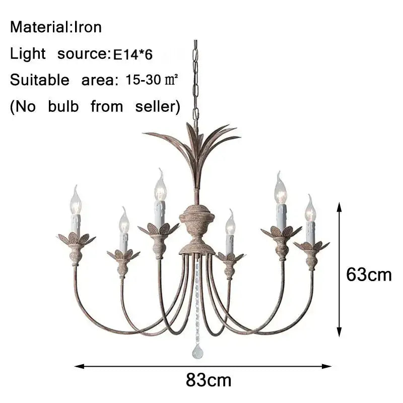 American retro chandelier by decorbites with six candle bulbs weathered gray iron and leaf motifs for dining room decor